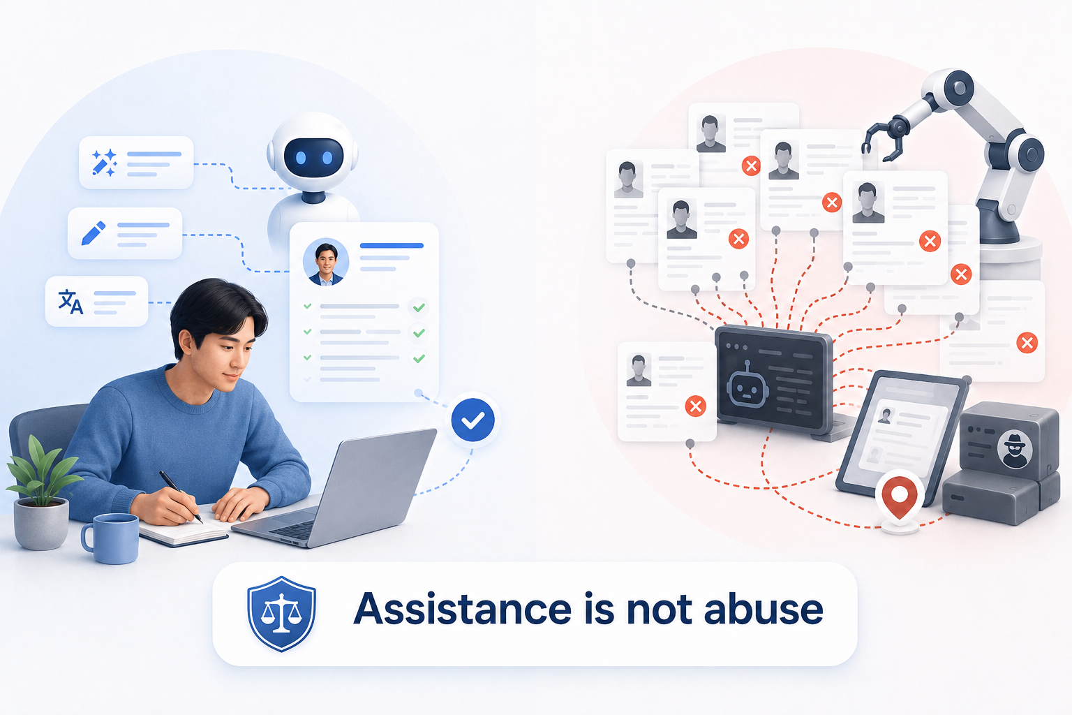 A genuine candidate using AI to improve an application contrasted with automated tools submitting large numbers of applications.