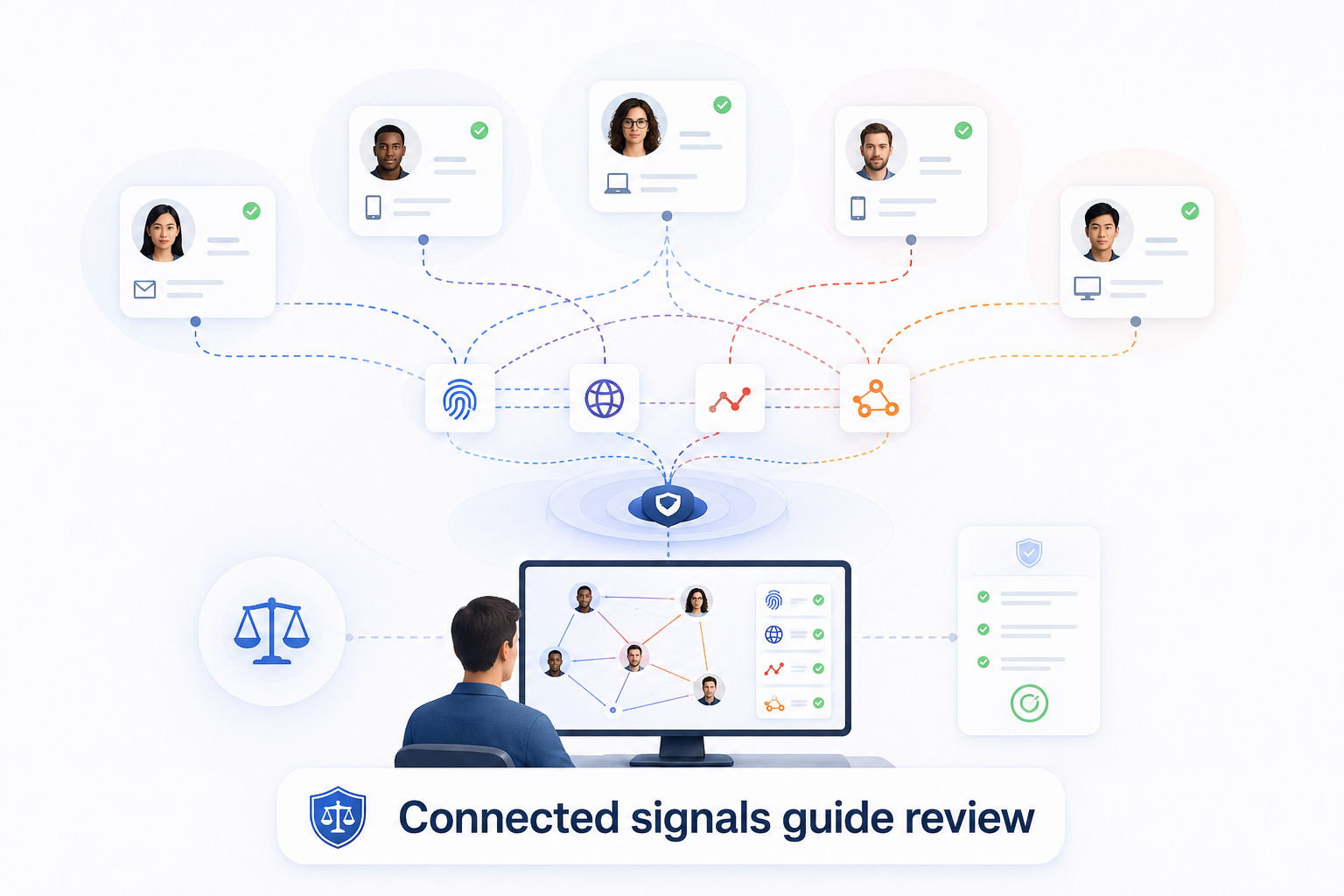 Different candidate profiles connected through shared devices, networks, behavior, and link-analysis signals for human review.