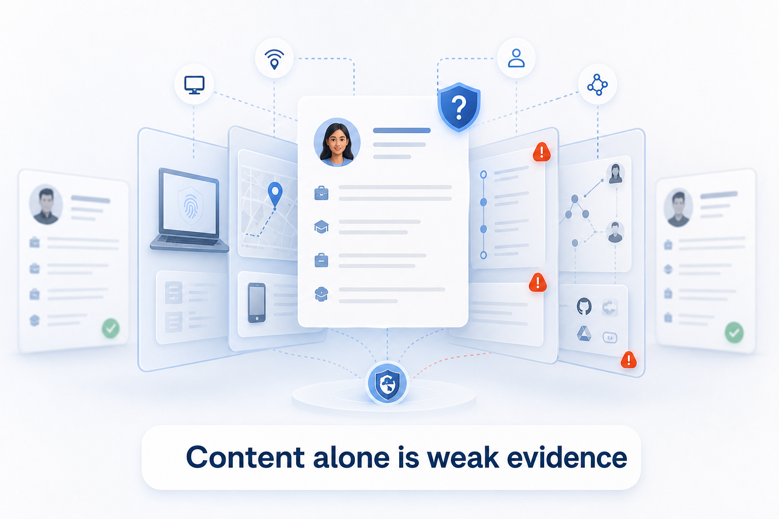A polished resume surrounded by device, network, account, and behavioral signals showing why application wording alone cannot establish fraud.