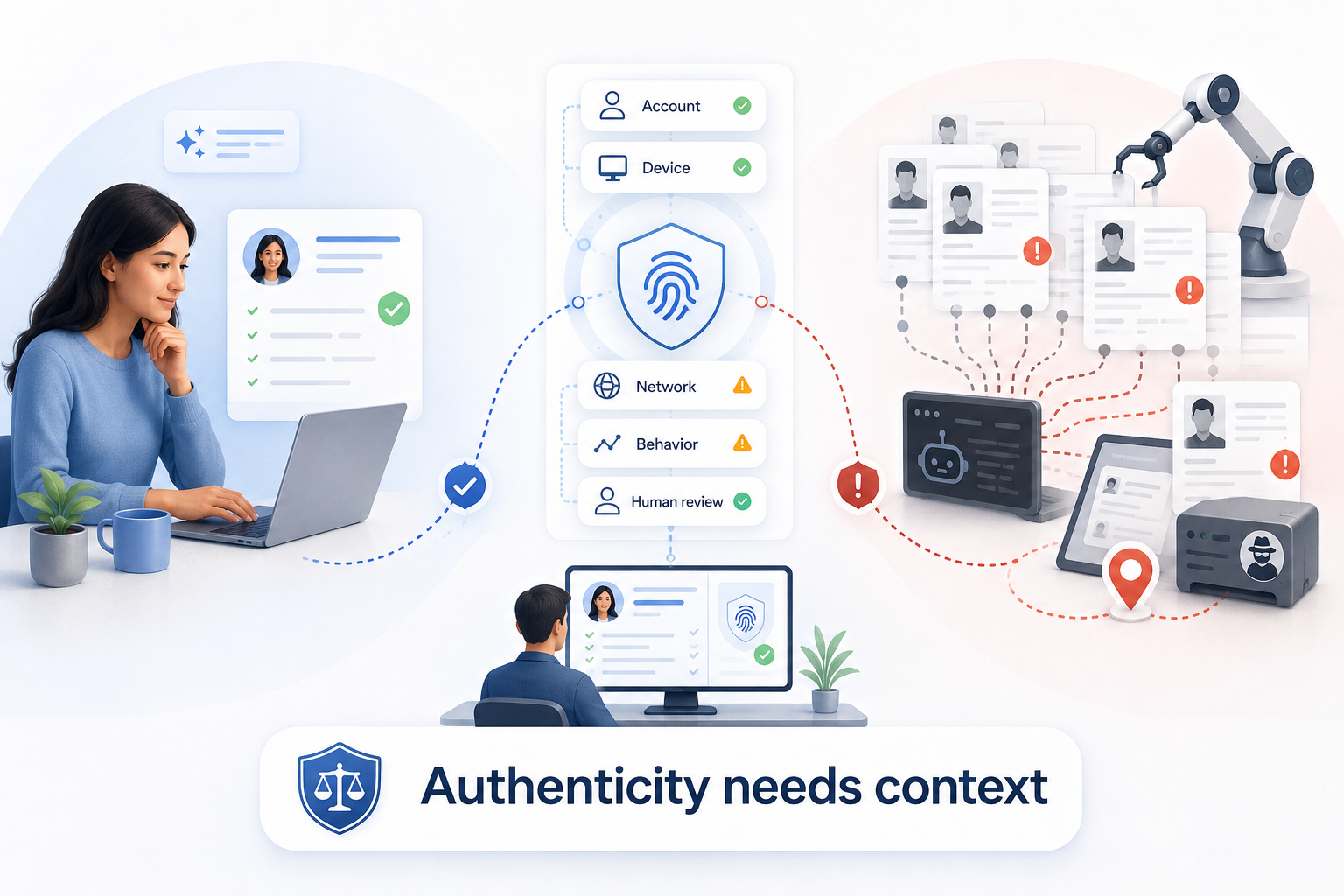 Genuine AI-assisted candidate contrasted with automated application abuse, evaluated through account, device, network, behavior, and human-review signals.