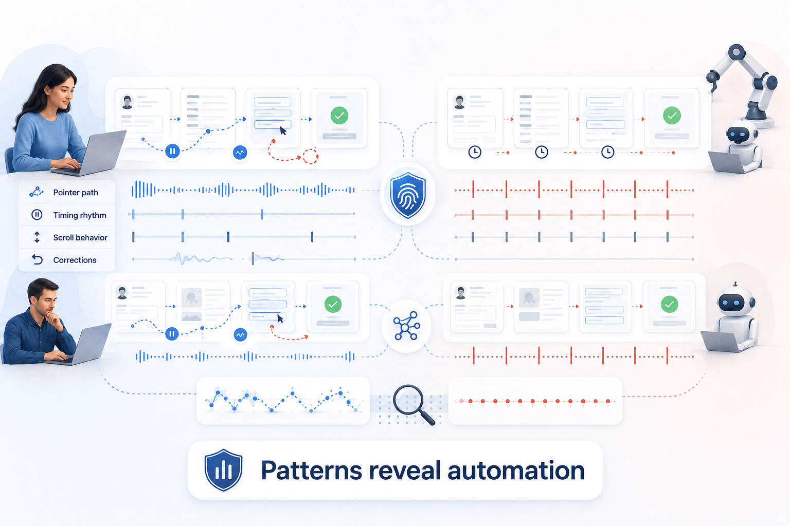 Human application sessions with natural pauses and corrections compared with automated sessions following repetitive, uniform interaction patterns.
