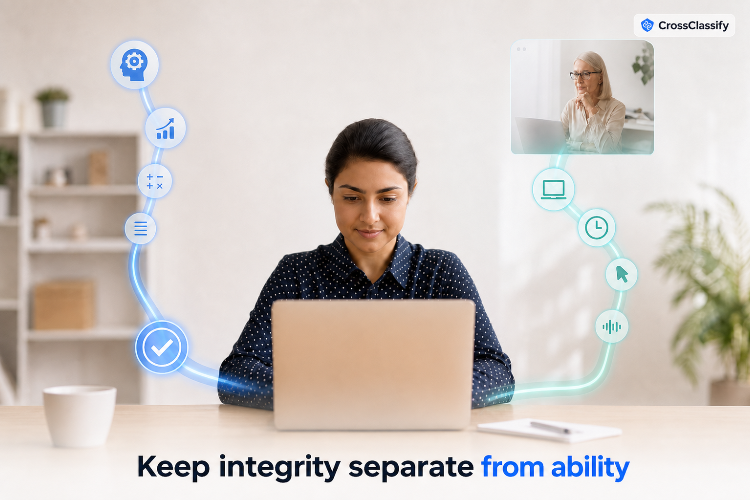 A remote candidate sits between separate assessment and continuity paths beneath the message Keep integrity separate from ability, with the CrossClassify logo.