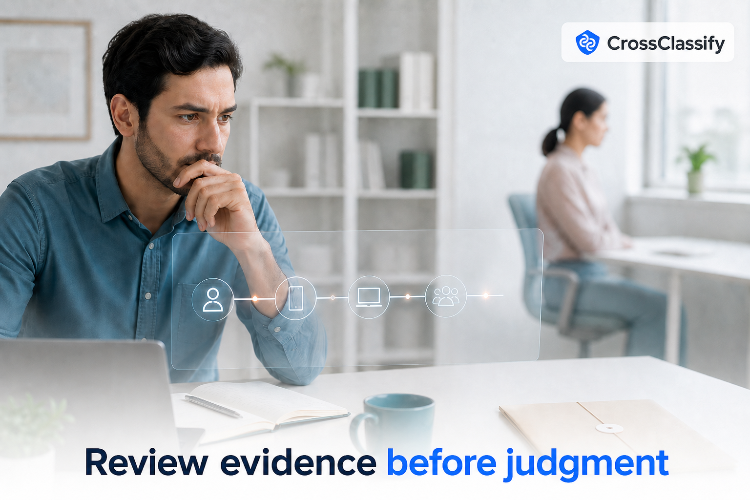 A reviewer examines an account-to-assessment timeline beneath the message Review evidence before judgment, with the CrossClassify logo.