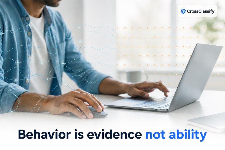 Human interaction traces contrast with repeated automation patterns beneath the message Behavior is evidence, not ability, with the CrossClassify logo.