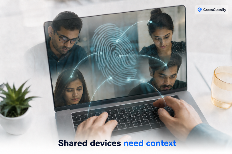 One laptop connects to four candidate faces beneath the message Shared devices need context, with the CrossClassify logo.