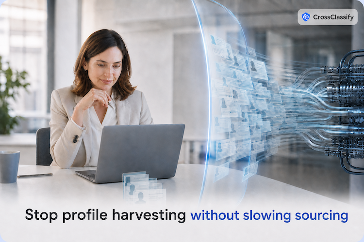 A recruiter continues legitimate candidate sourcing while a transparent data boundary exposes automated profile harvesting.