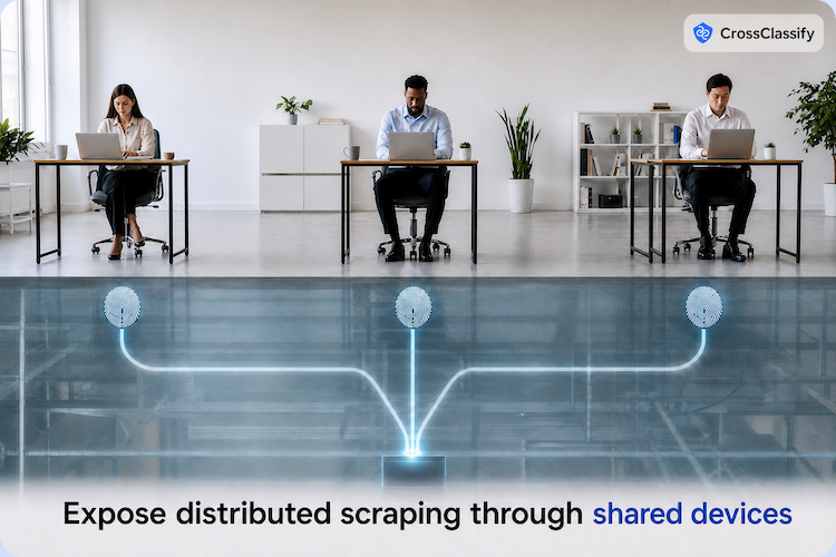 Three apparently separate recruiter sessions converge on one underlying device environment below a translucent floor.