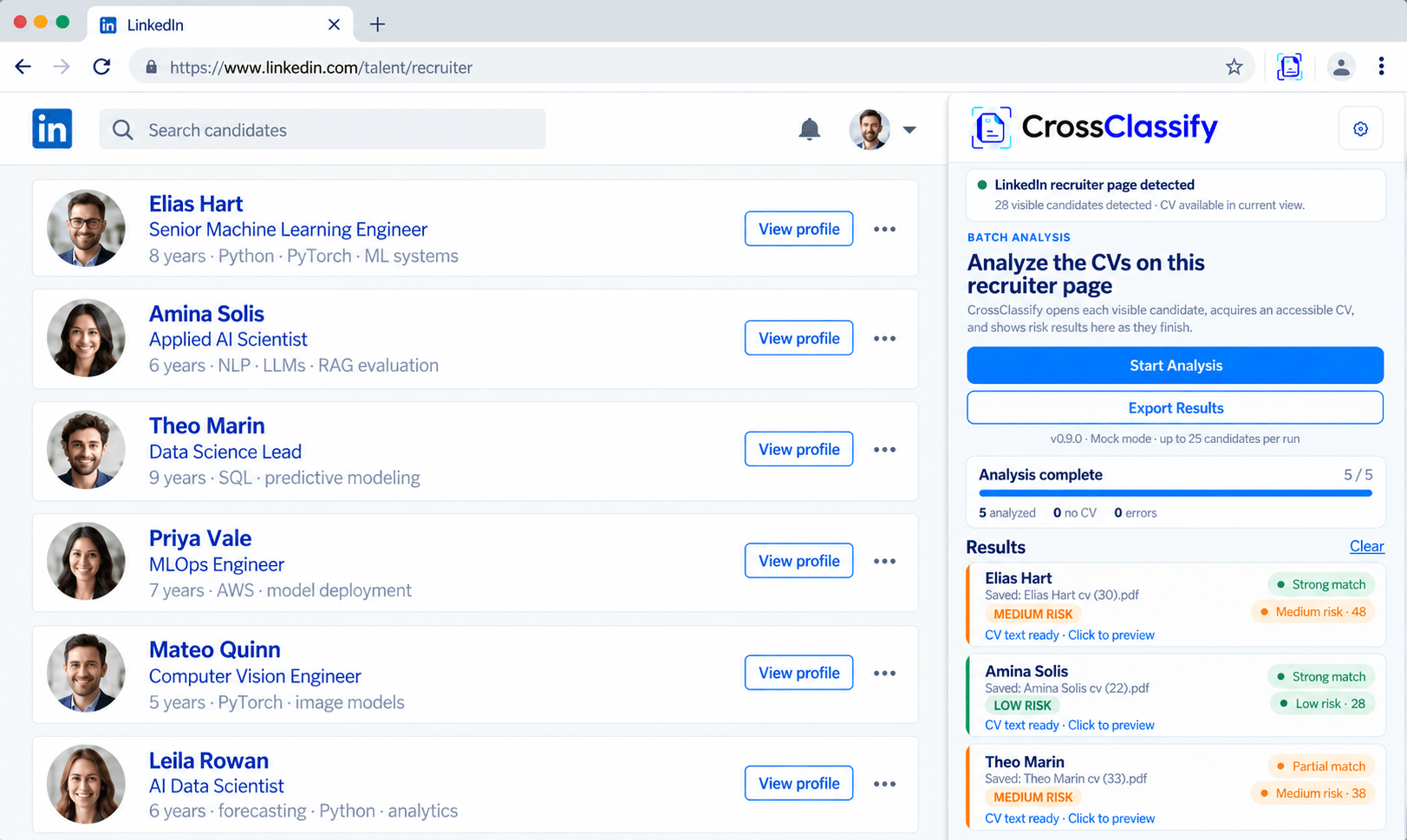 CrossClassify Chrome extension analyzing CVs in LinkedIn Recruiter and displaying structured candidate review results