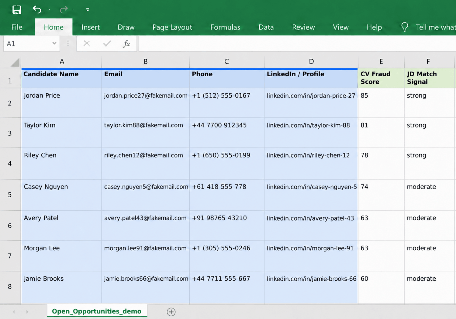 Excel export showing candidate names, emails, phone numbers, LinkedIn profiles and CV review fields