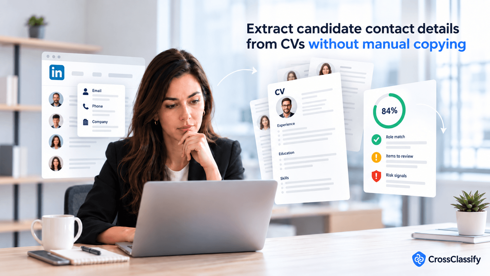 Recruiter reviewing candidate CVs while contact details are extracted into structured recruiter data