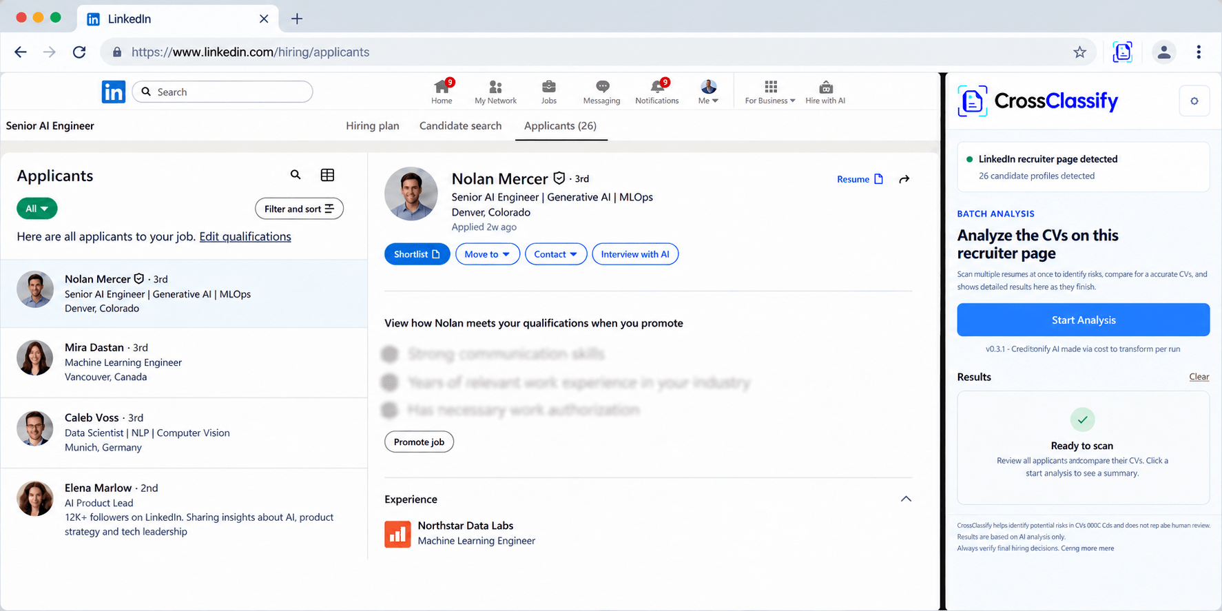 LinkedIn Recruiter applicant workflow with CrossClassify ready to process accessible candidate CVs