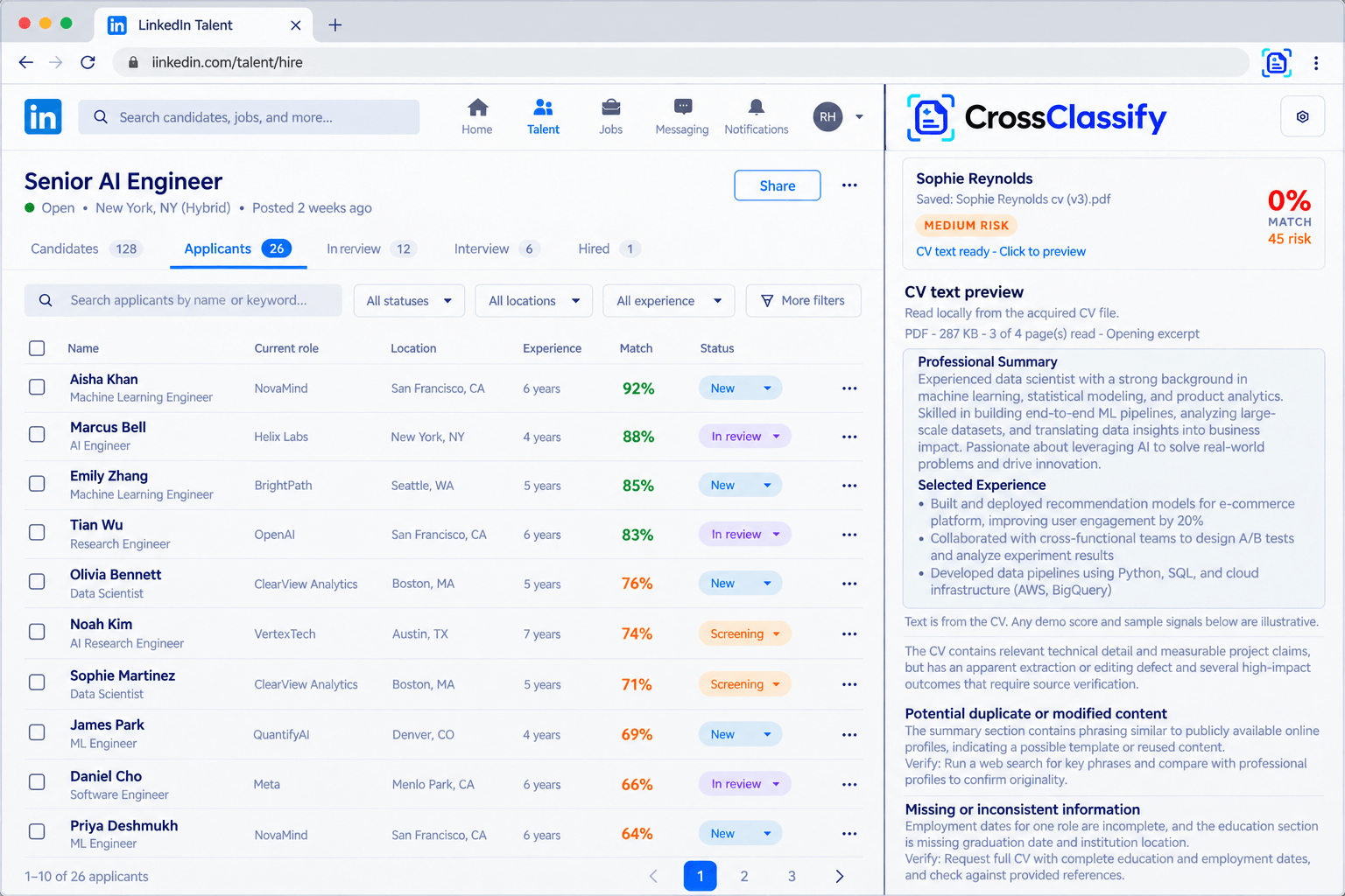 CrossClassify CV Risk Checker showing a CV preview, risk level, and findings to verify beside a LinkedIn applicant list.
