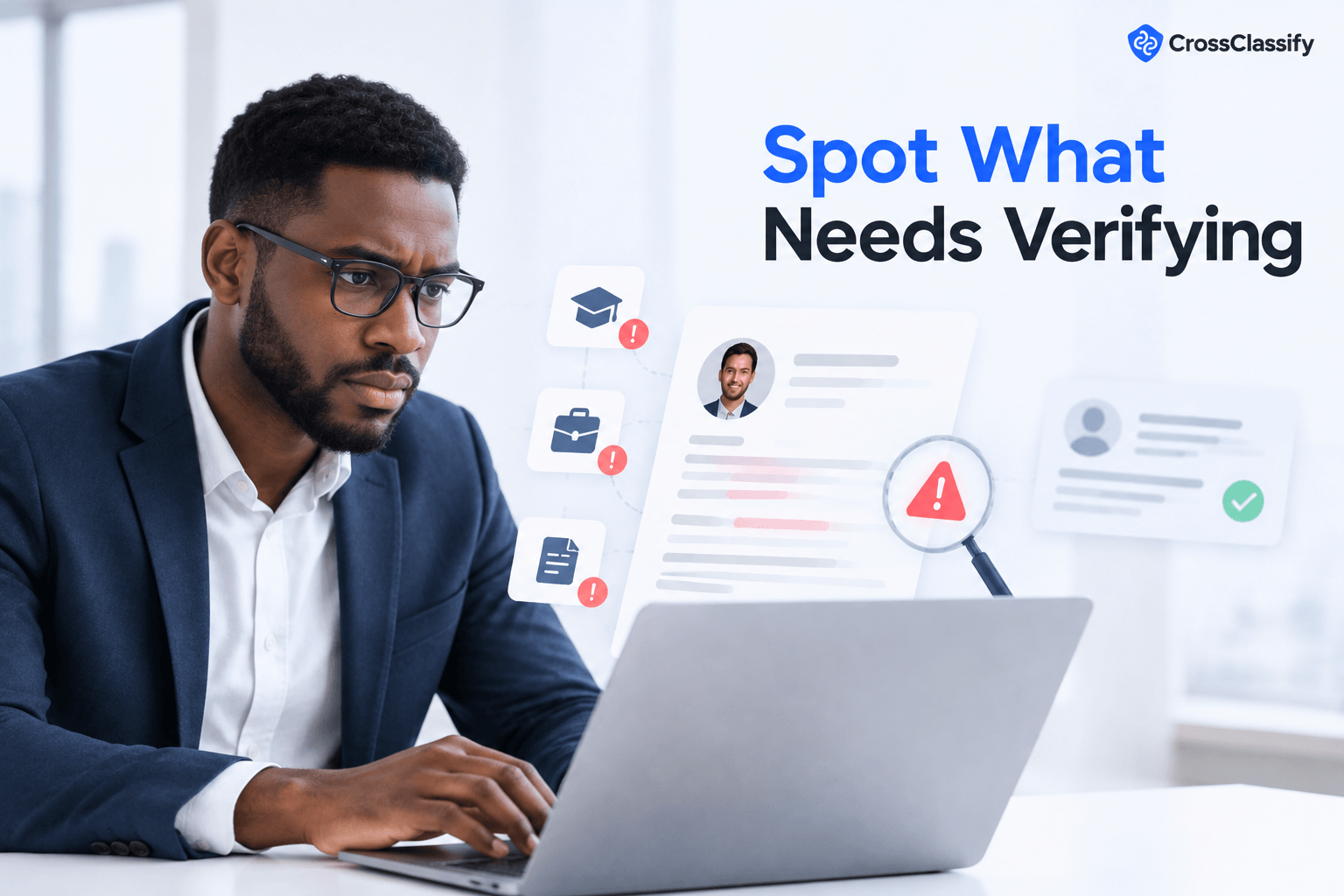 Recruiter reviewing a candidate CV with alerts marking details that need verification.