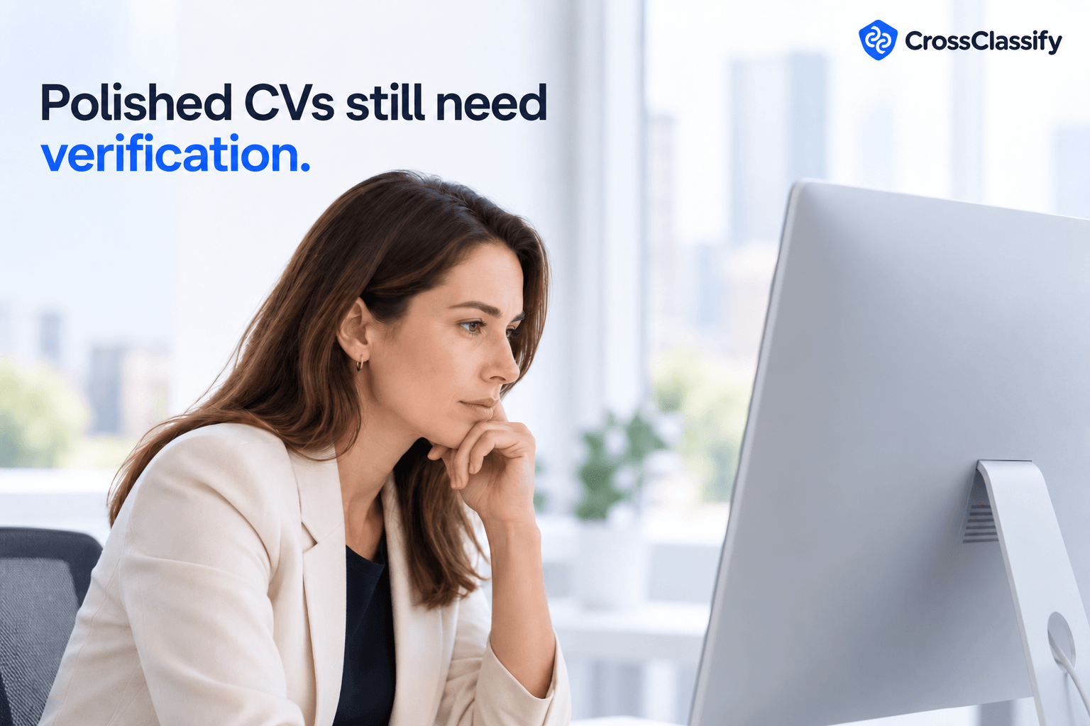 Recruiter reviewing a polished CV on screen, illustrating why presentation alone cannot verify its claims.