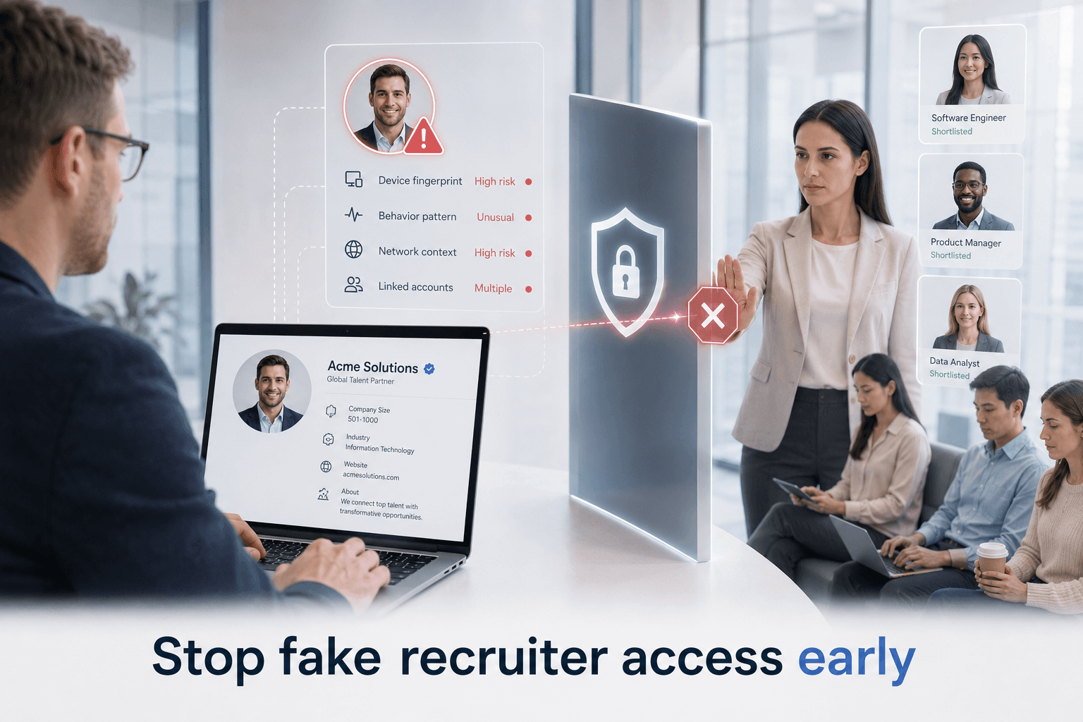 Recruitment platform reviewer blocks a professional-looking fake recruiter account after device, behavior, network, and linked-account signals reveal elevated risk before the account reaches candidates.
