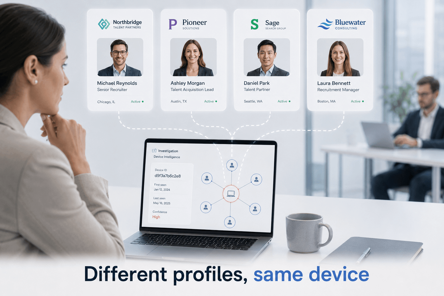 Several recruiter profiles representing different companies are connected to the same persistent device as a reviewer investigates the hidden account network.