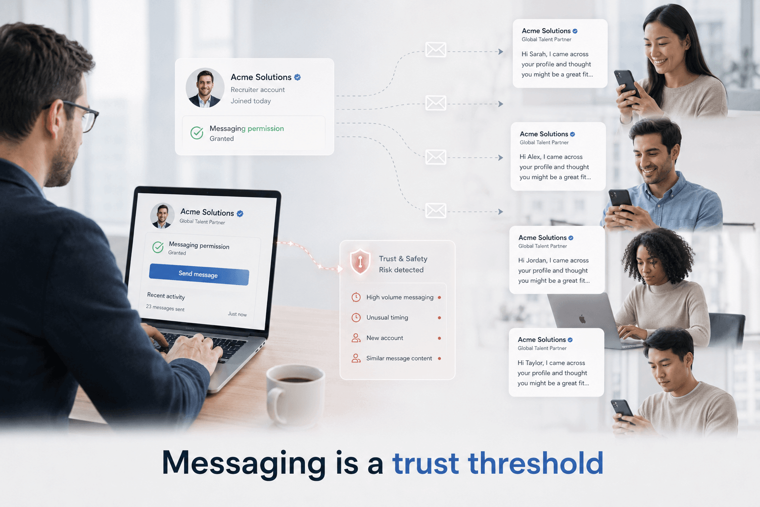 A new recruiter account sends similar messages to multiple candidates while trust and safety signals flag high-volume outreach, unusual timing, and repeated message content.