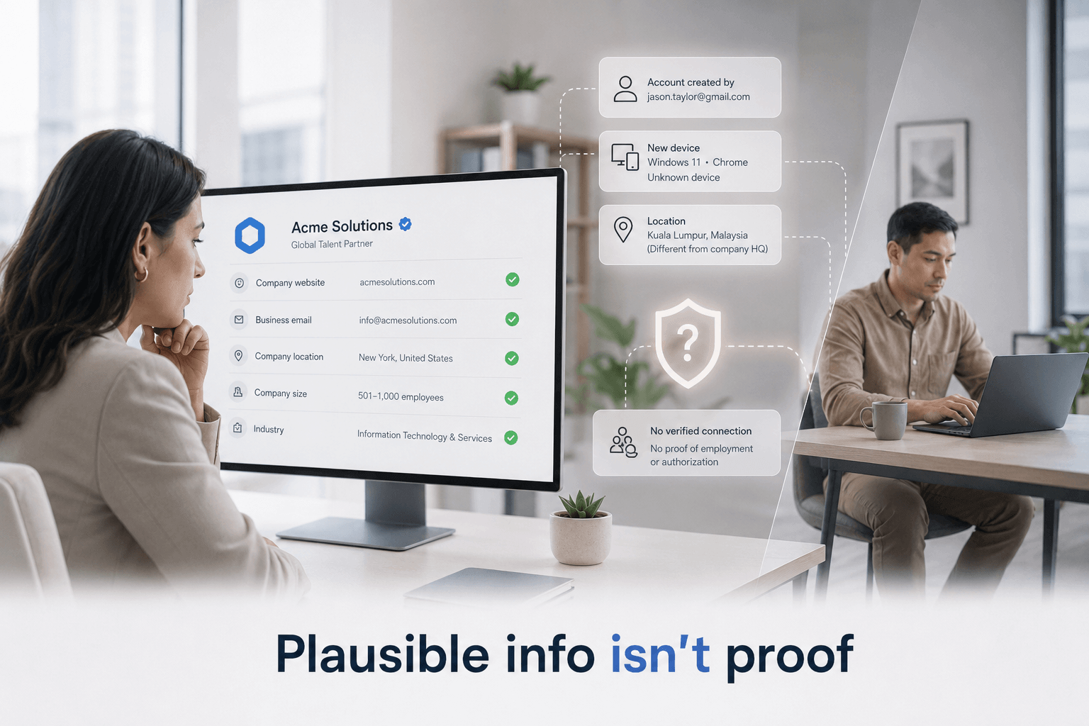 Trust analyst reviews an employer profile with valid-looking company details while contextual signals show an unknown device, mismatched location, and no verified connection to the organization.