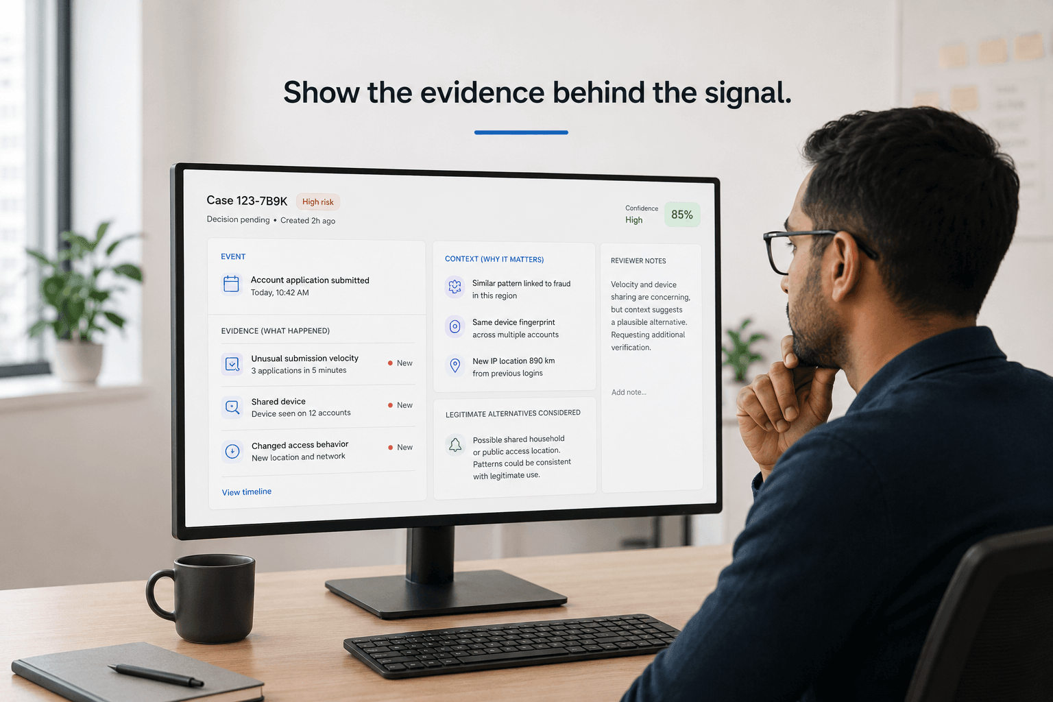 A trust analyst reviews a case screen showing the triggering event, unusual submission velocity, shared-device evidence, changed access behavior, confidence, context, and legitimate alternatives.