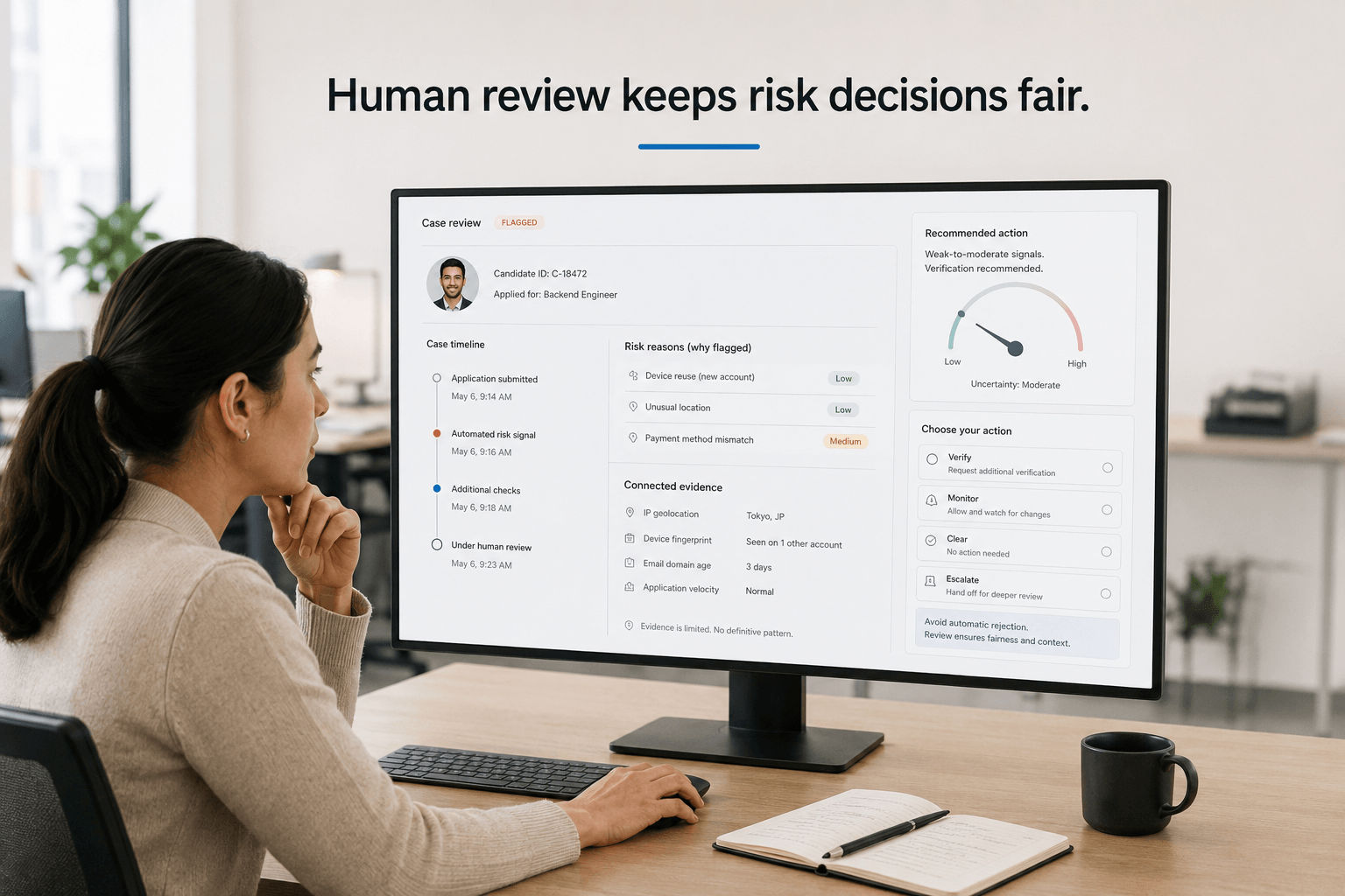 A human reviewer evaluates a flagged recruitment case using a timeline, reason codes, uncertainty indicators, connected evidence, and options to verify, monitor, clear, or escalate.