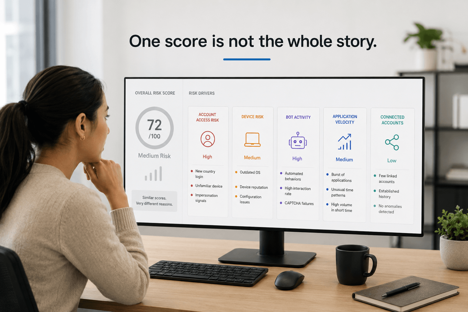 A reviewer examines one overall risk score alongside separate account-access, device, bot, application-velocity, and connected-account risk categories.