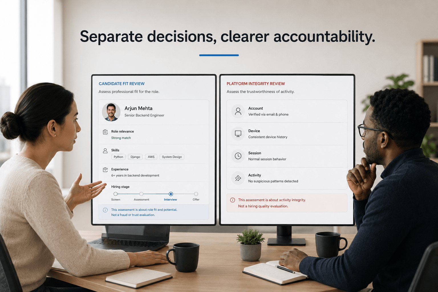 A recruiter and trust reviewer compare two clearly separated panels: one for candidate skills and role relevance, and another for account and activity integrity.