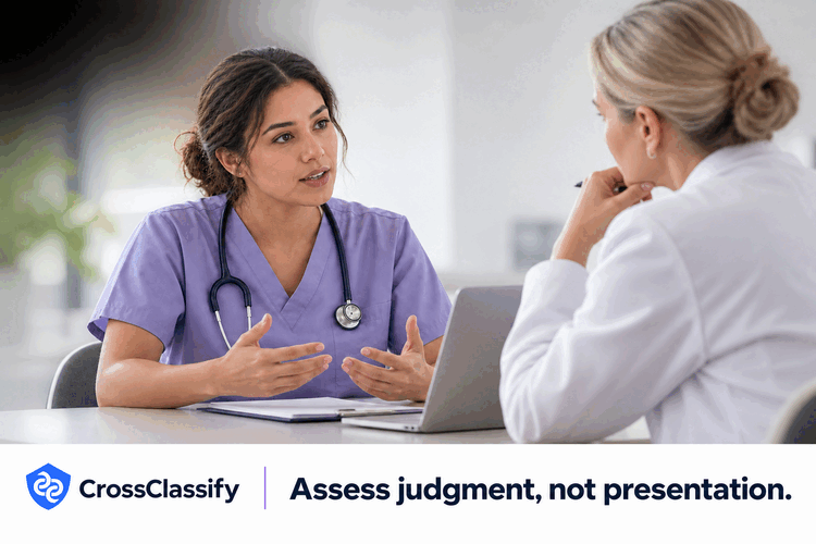 Healthcare interview panel assessing a candidate's judgment, communication, and escalation reasoning through a clinical handover scenario.