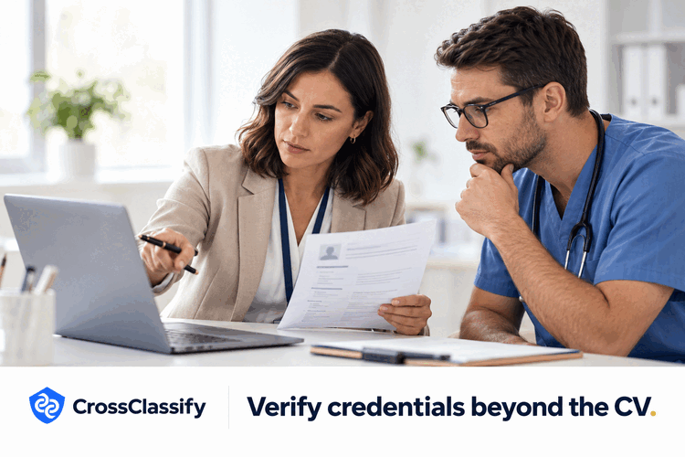 Healthcare recruitment team separating CV review from authoritative identity, qualification, and professional registration checks.