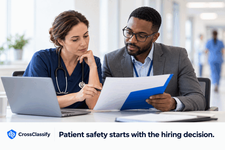 Healthcare recruiter and clinical leader connecting candidate evidence, verified credentials, and planned supervision to a patient safety centered hiring decision.