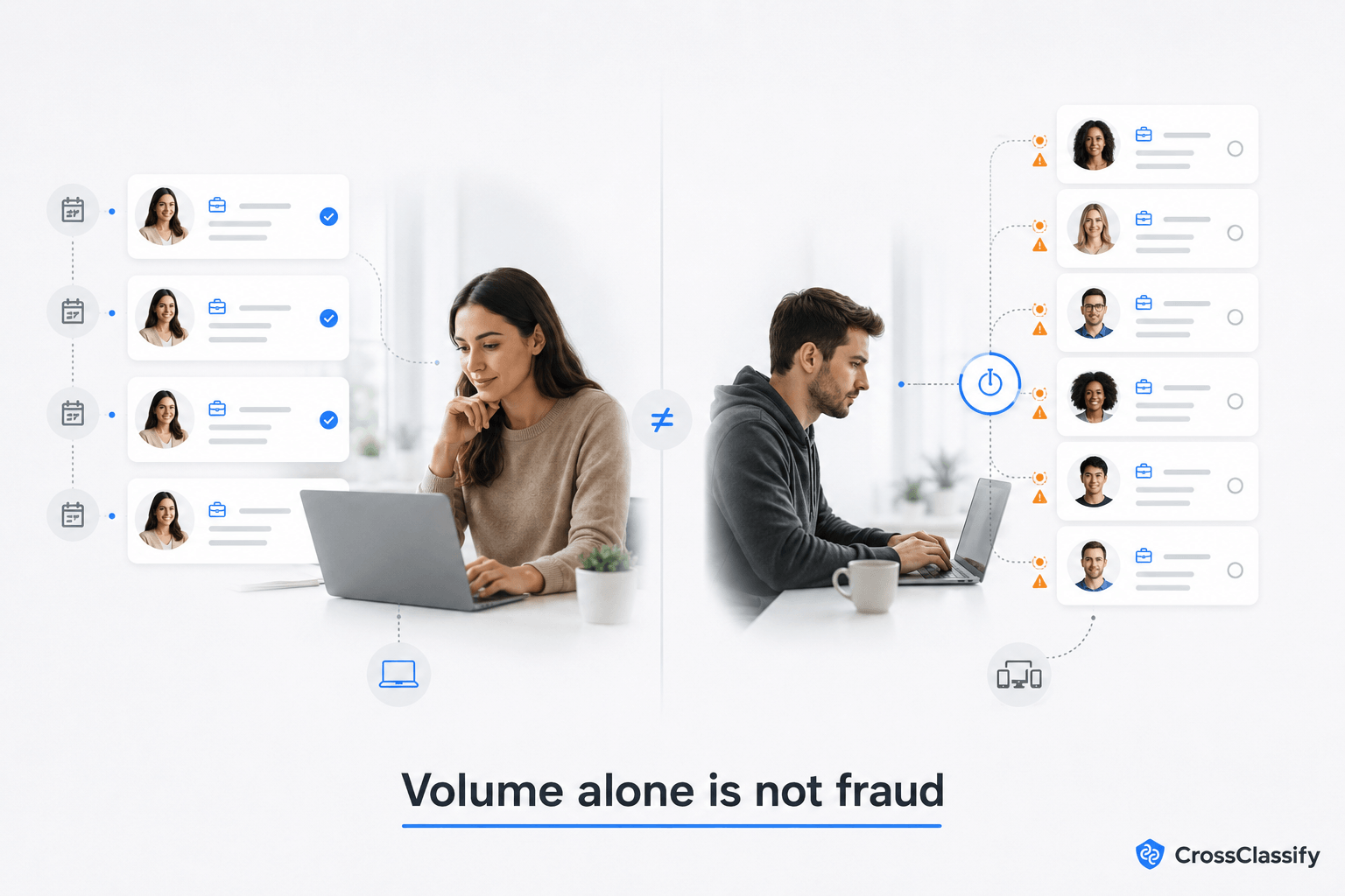 Comparison between a genuine candidate applying actively to related jobs and coordinated accounts showing repeated timing, connected devices, and automated application behavior.