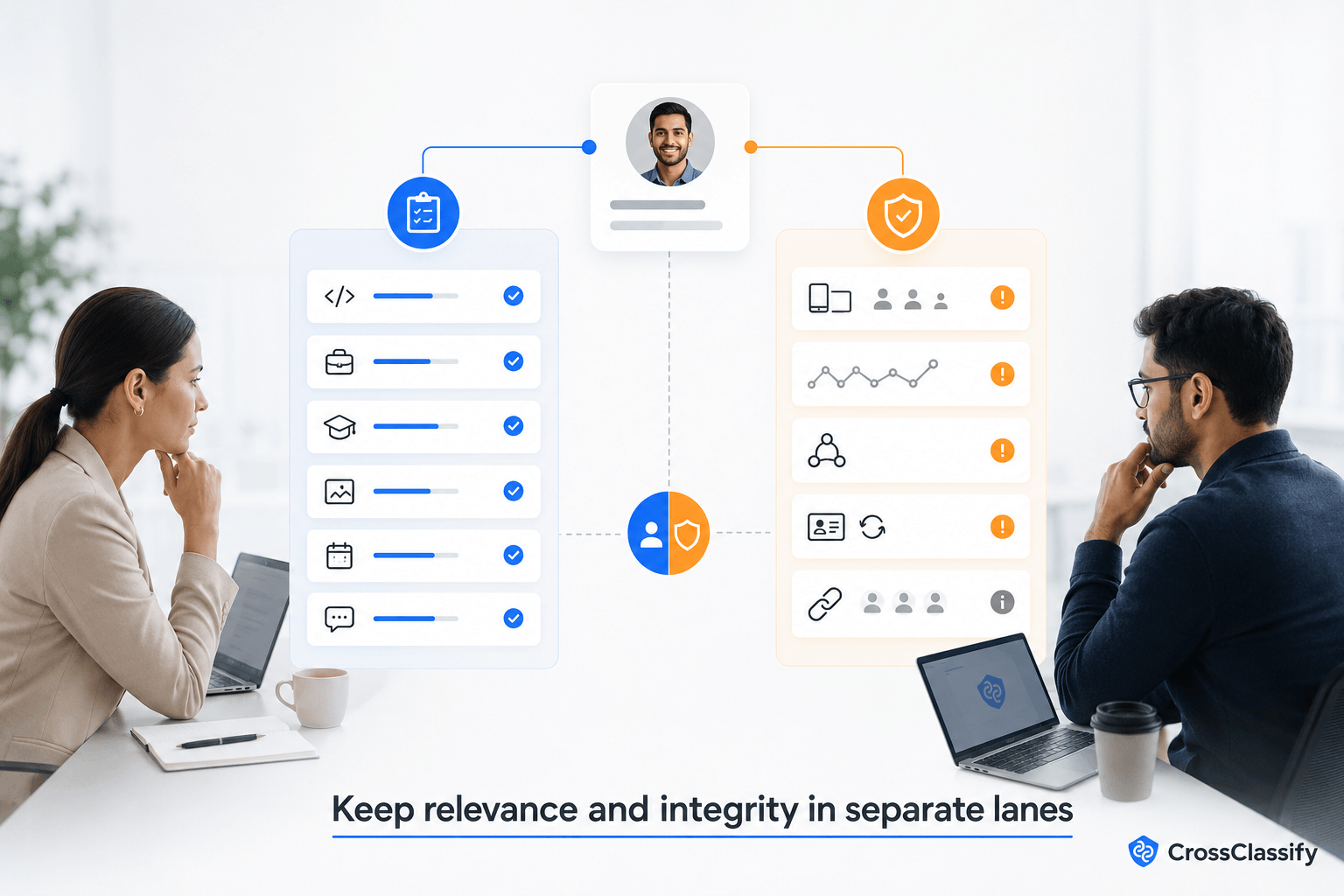 Recruiter reviewing candidate skills and experience while a platform analyst separately evaluates device, behavior, network, and account integrity signals.