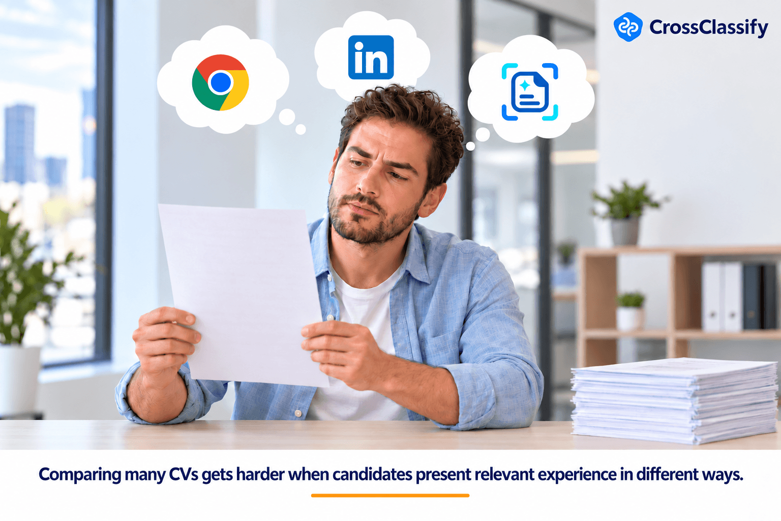 Recruiter reviewing a candidate's CV with a stack of resumes, illustrating the challenge of comparing applicants against job requirements.