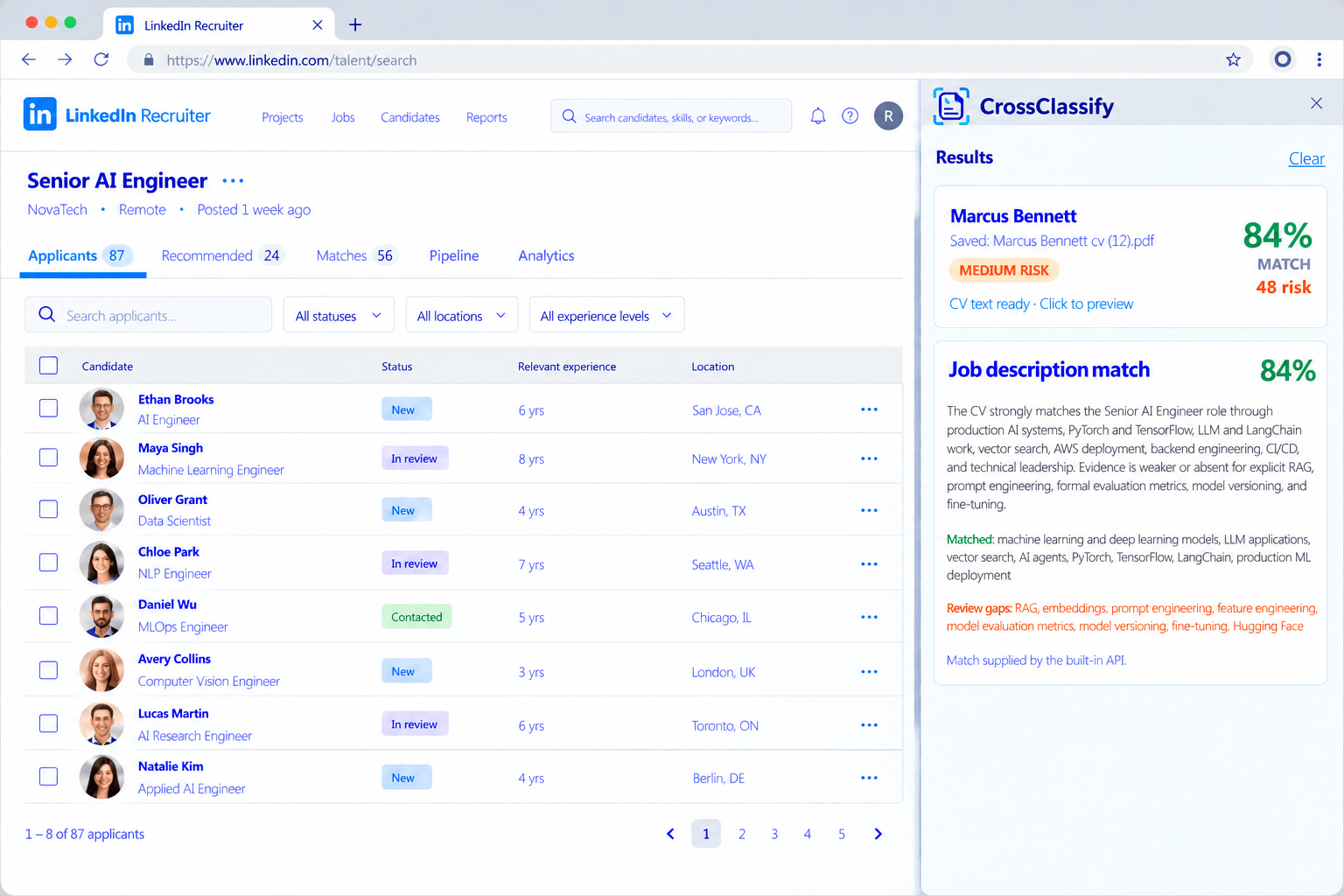 CrossClassify CV matching results showing an 84% job description match score, matched skills, and requirements needing further review.