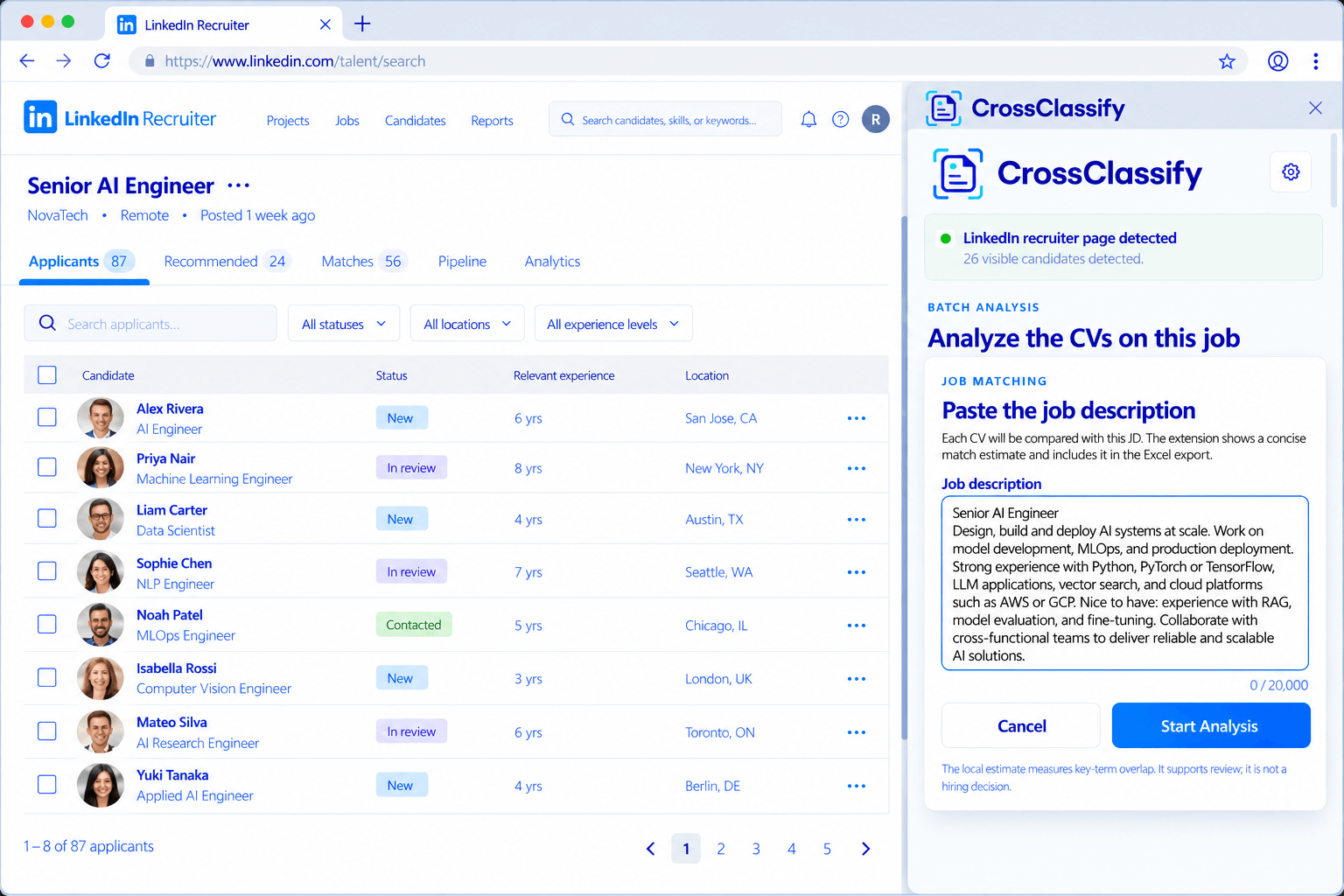 CrossClassify Chrome extension inside LinkedIn Recruiter, allowing recruiters to enter a job description and start batch CV analysis.