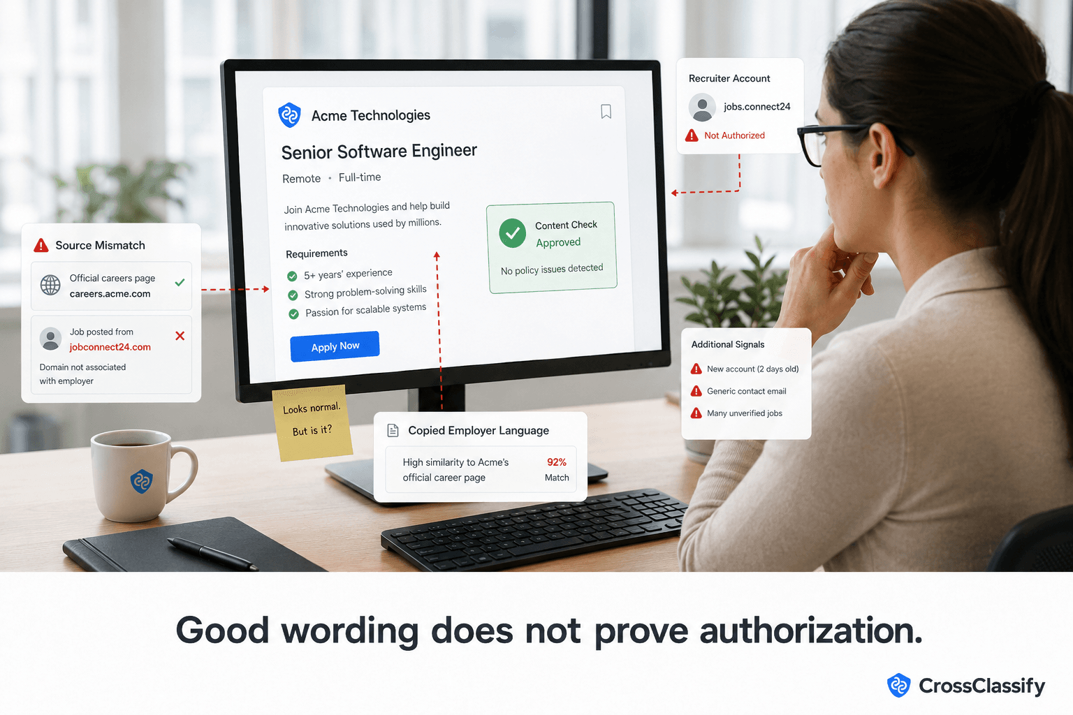 Recruitment analyst sees a job listing pass content checks while source, recruiter account, and posting signals reveal that the listing may be unauthorized.