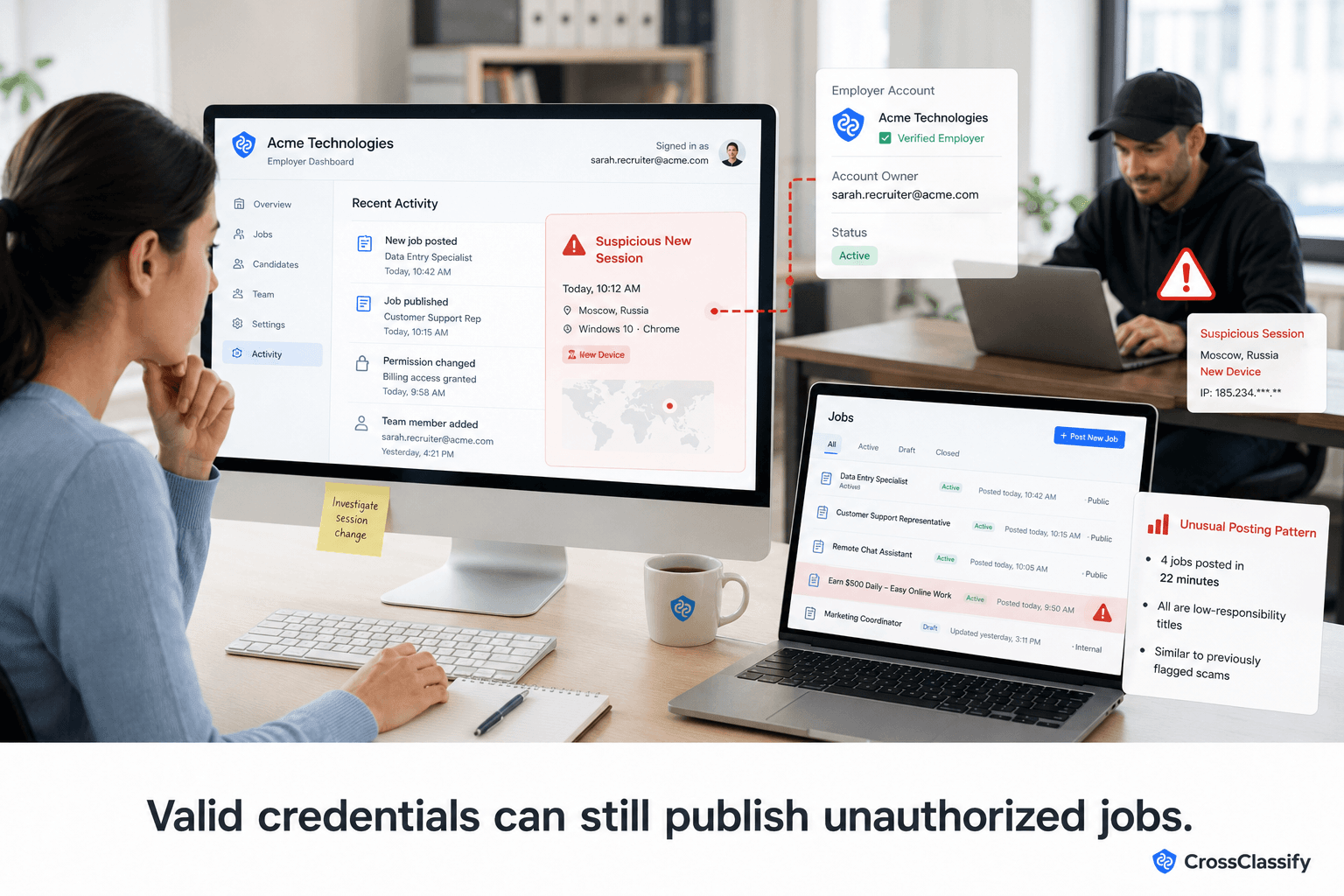 Trust analyst investigates a verified employer account after a suspicious new device session, permission changes, and unusual job posting activity indicate possible account takeover.