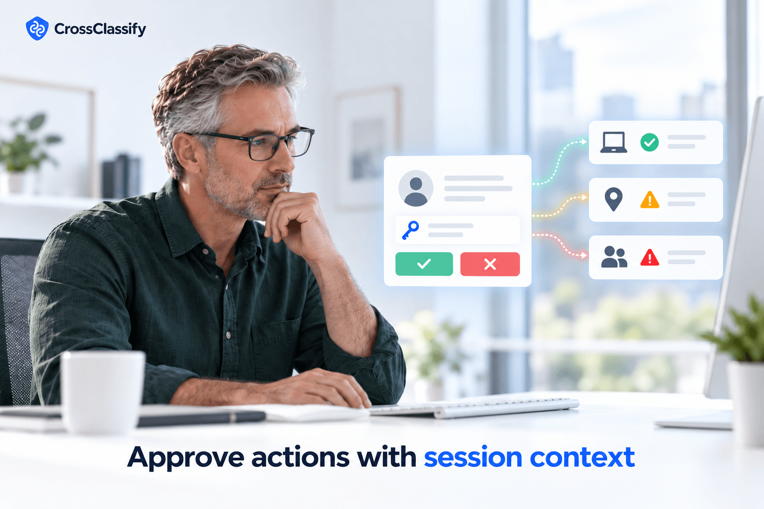 Security reviewer evaluating a sensitive action using device, location, account, and behavioral context before deciding whether the action should proceed.