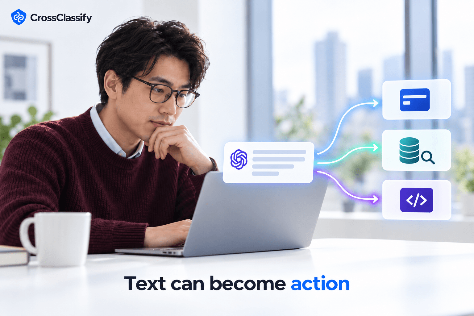 Professional viewing an LLM response that can become a payment action, database query, or code and API operation.
