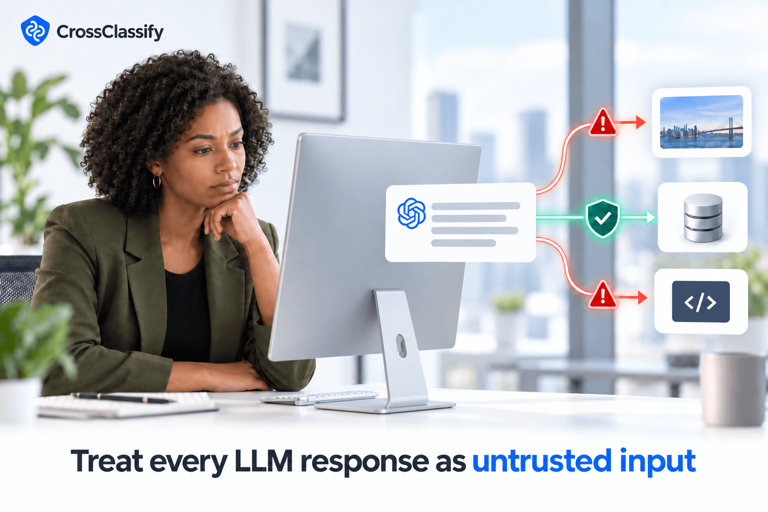 Security professional reviewing an LLM response that branches toward browser, database, and code destinations, with validation separating safe and unsafe outputs.