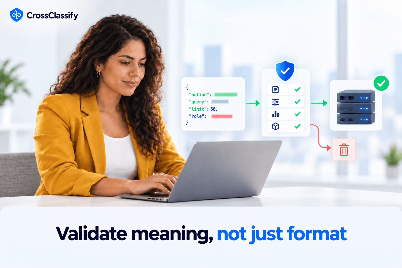 Structured LLM output passing through deterministic validation checks before approved values reach a protected server while rejected values are discarded.