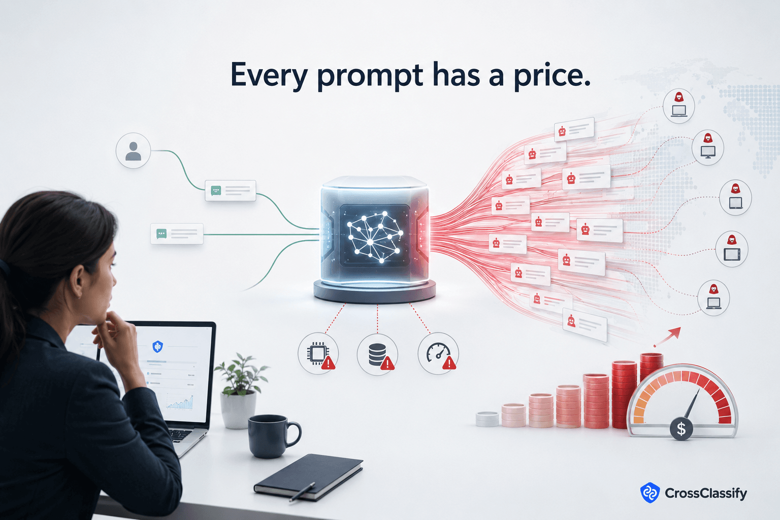 AI application receiving normal user prompts alongside distributed automated requests, showing rising compute usage and inference costs caused by LLM consumption abuse.