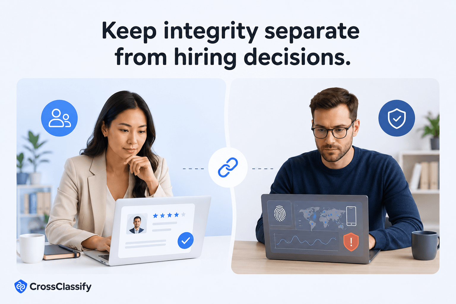 Recruiter evaluates candidate suitability separately from a platform integrity specialist reviewing account, device, and behavioral risk signals.
