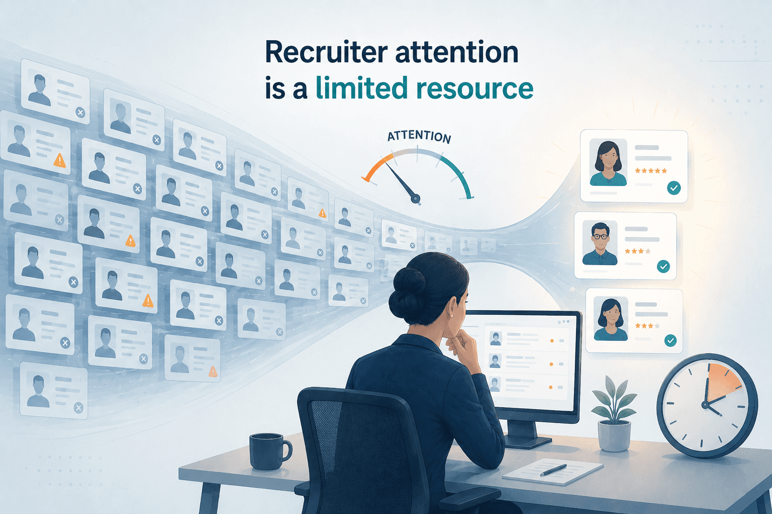 Recruiter reviewing a crowded application pipeline while an attention gauge and clock show how low-trust submissions consume limited recruiter time.