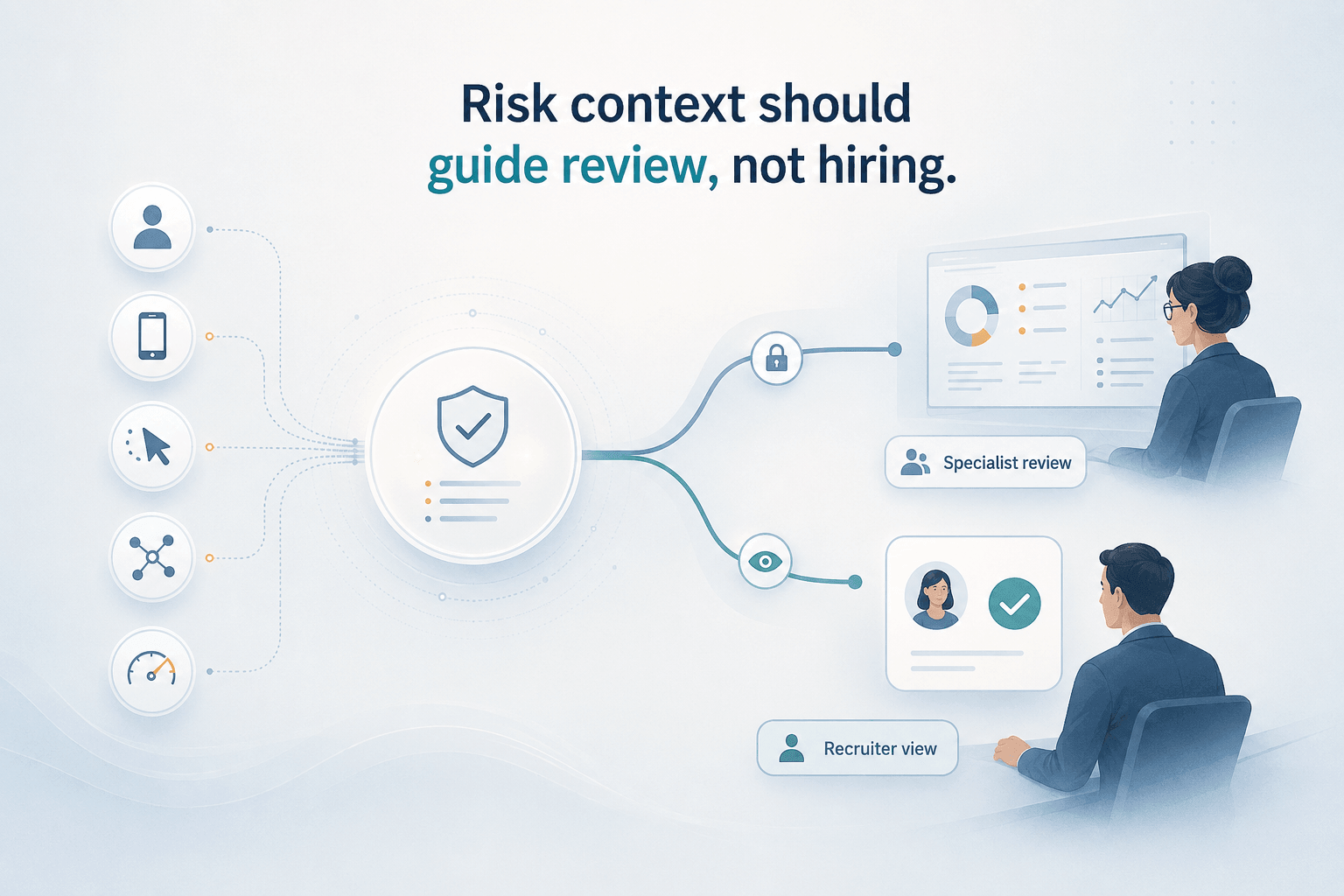Account, device, behavior, network, and velocity signals combined into risk context and routed separately to specialist review and a simplified recruiter view.