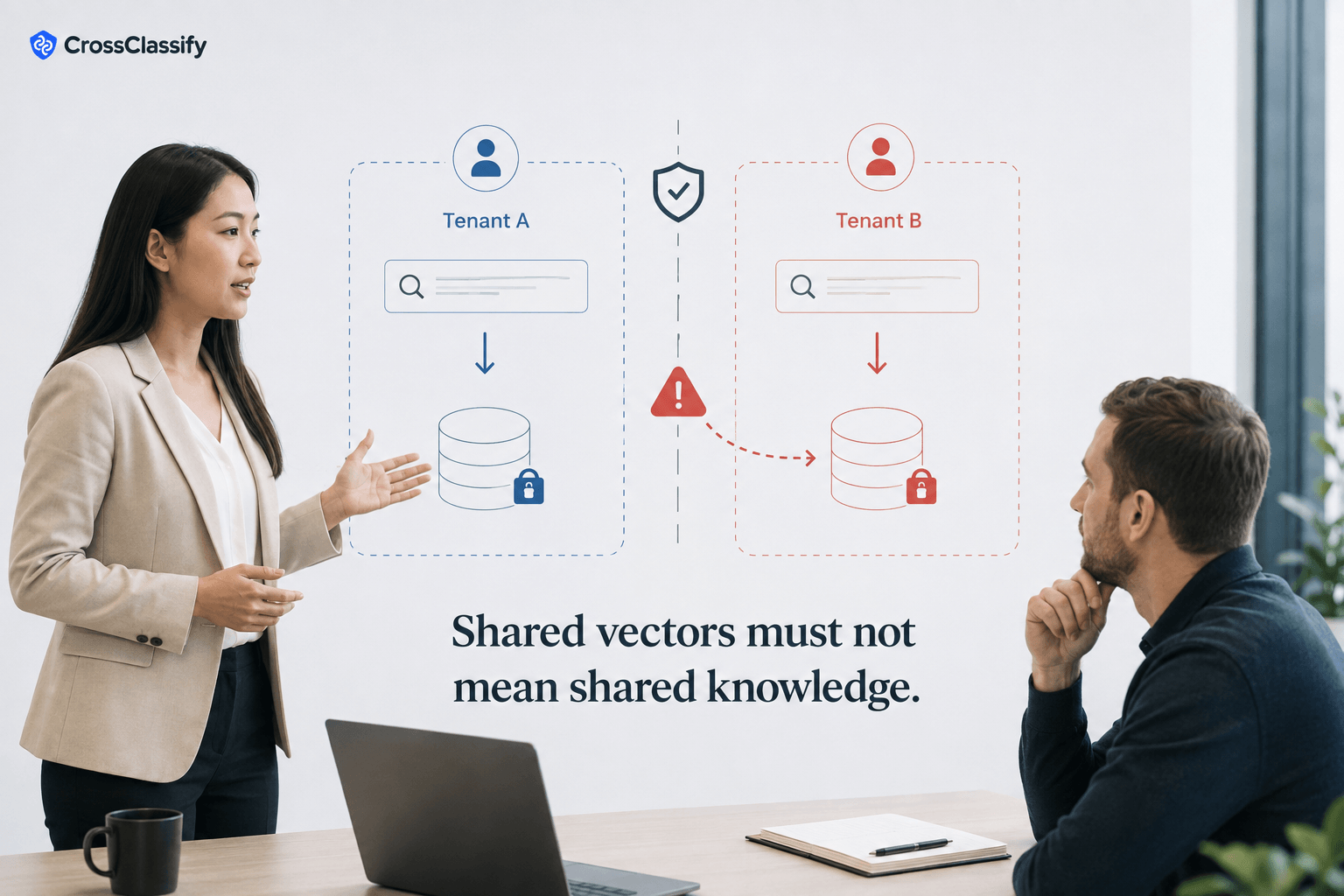 Two professionals reviewing separated Tenant A and Tenant B knowledge stores with a warning path showing potential cross tenant retrieval leakage.