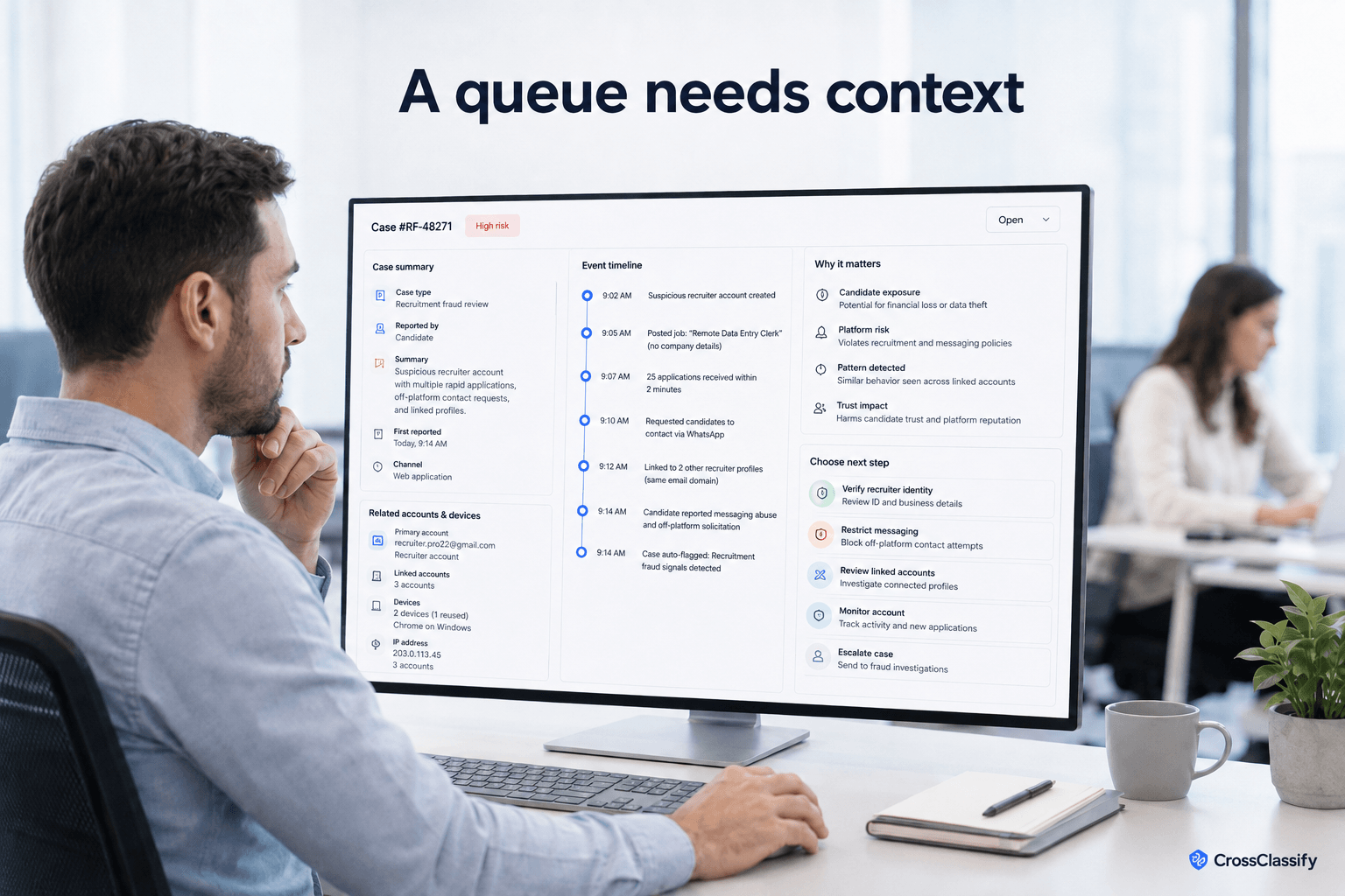 Fraud analyst reviewing a recruitment fraud case with a clear timeline, linked accounts, candidate exposure, reasons for concern, and structured response actions.