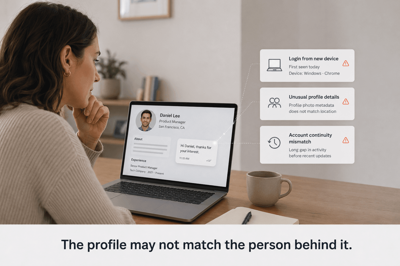 Recruiter reviewing a candidate profile while device, profile-detail, and account-continuity mismatches suggest that another person may control it