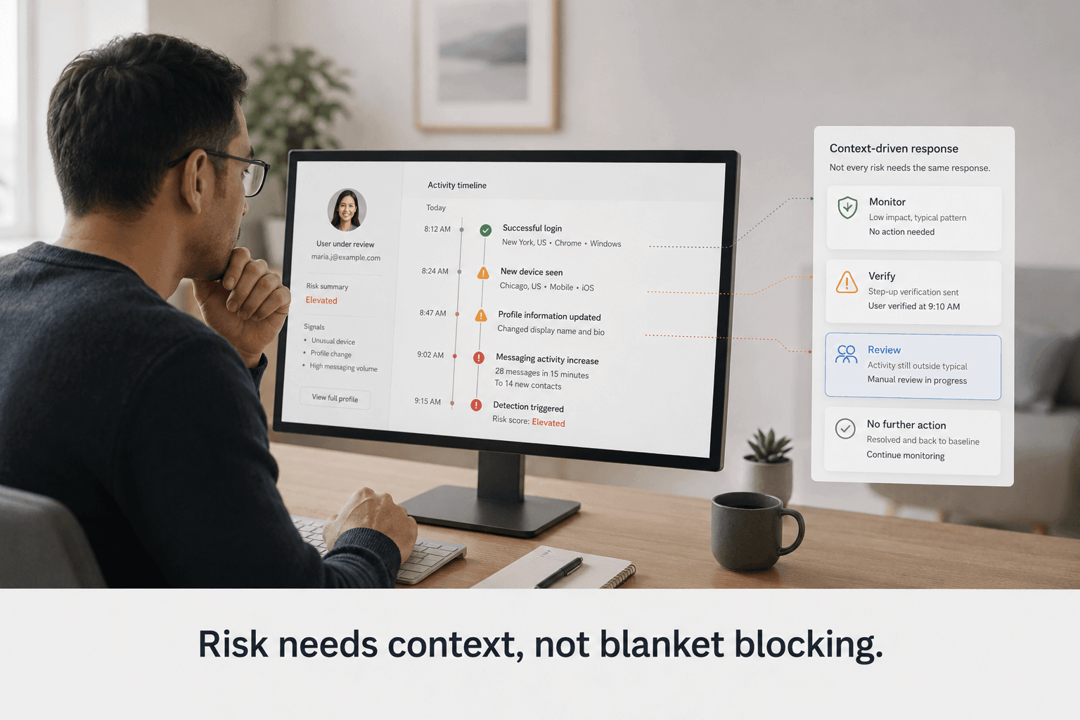 Trust reviewer using an account activity timeline to choose between monitoring, verification, and manual review instead of automatically blocking the account