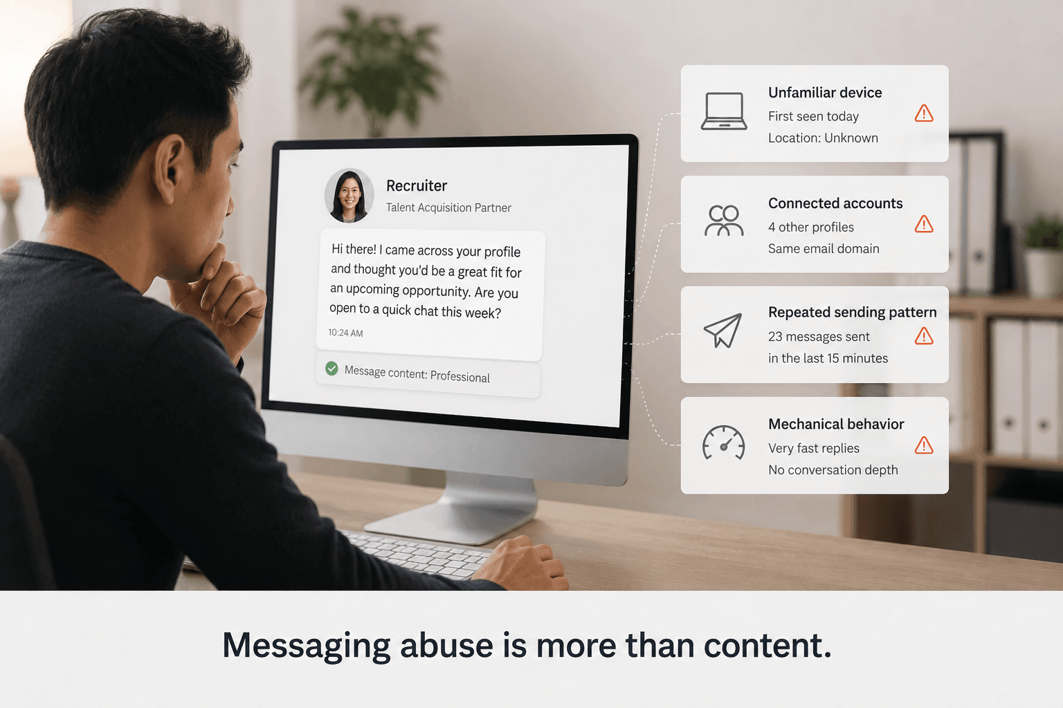 Reviewer examining a normal-looking recruiter message alongside warnings for an unfamiliar device, connected accounts, repeated sending, and mechanical behavior