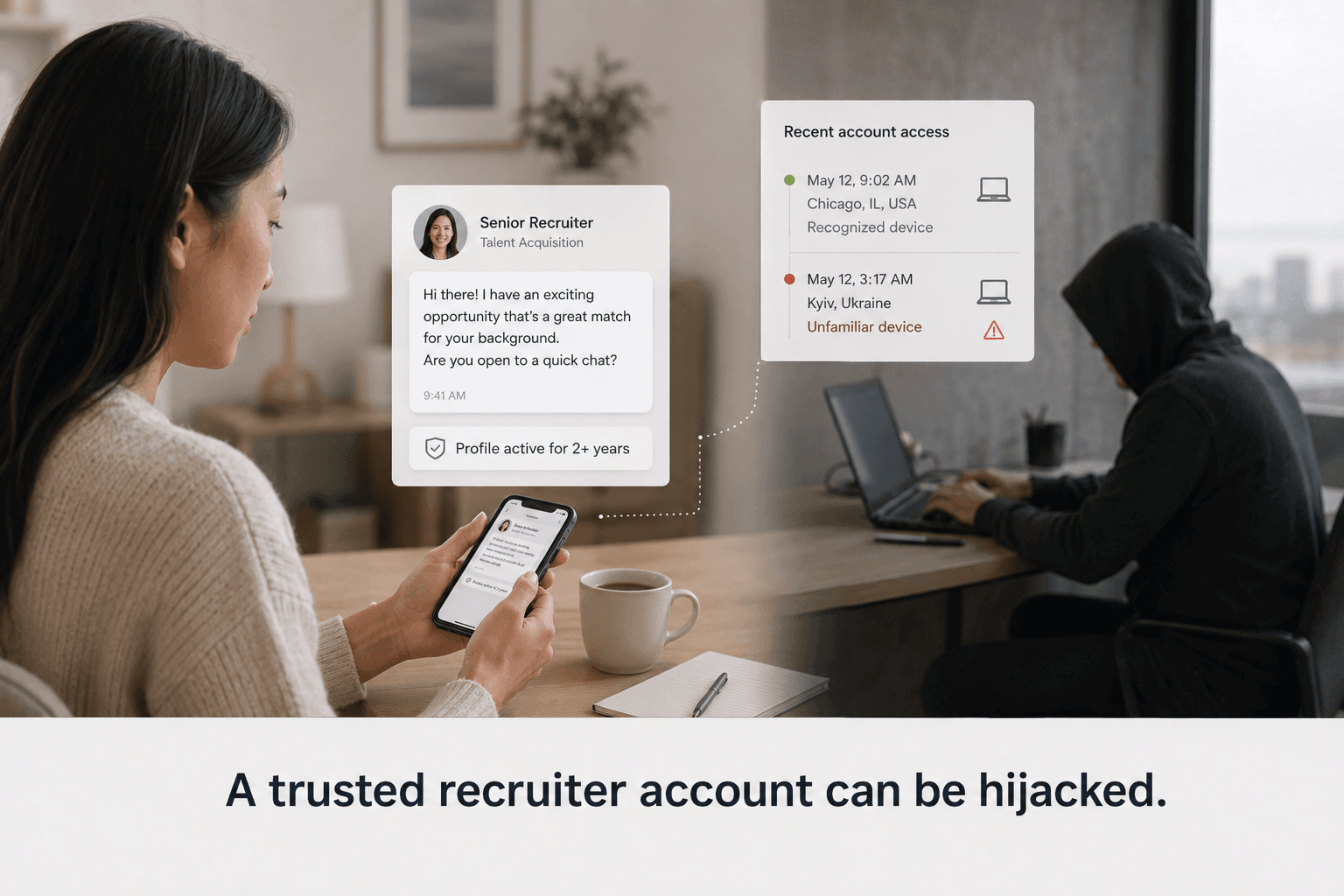 Candidate receiving a message from an established recruiter profile while an attacker accesses the account from an unfamiliar device